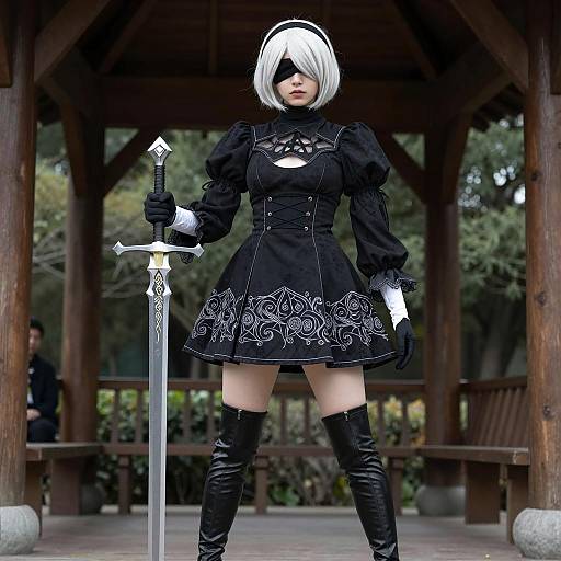 Confident Gothic Cosplayer with Silver Sword