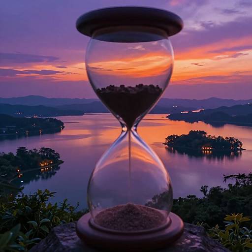Photograph of an hourglass with silhouetted sand against a vibrant sunset over a reflective lake, surrounded by mountains and trees.