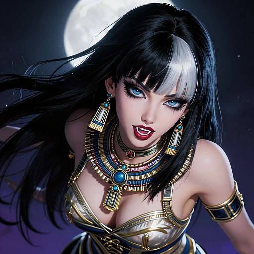 Digital artwork of a fierce, black-haired woman with striking blue eyes, adorned in gold and blue Egyptian-inspired jewelry, set against a glowing full moon in