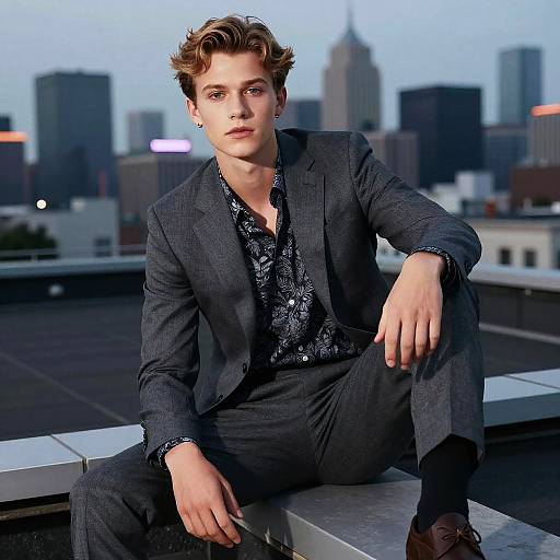 Photograph of a handsome young man with light brown hair, wearing a dark grey suit and black patterned shirt, sitting on a rooftop, with a