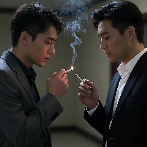 Two Men Lighting Cigarettes Indoors