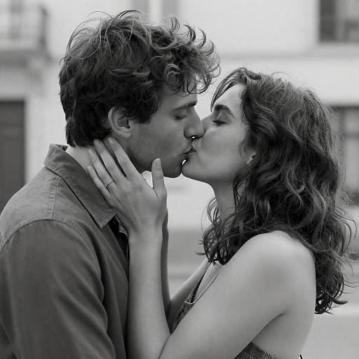 Black-and-White Intimate Kiss Between Lovers