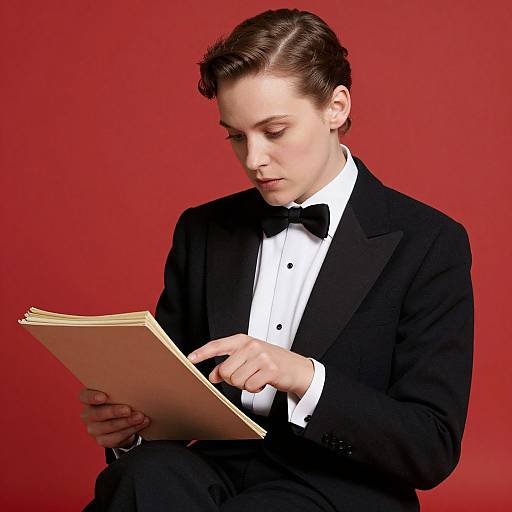 Photograph of a young, fair-skinned man with slicked-back brown hair, wearing a black tuxedo and bow tie, reading a book
