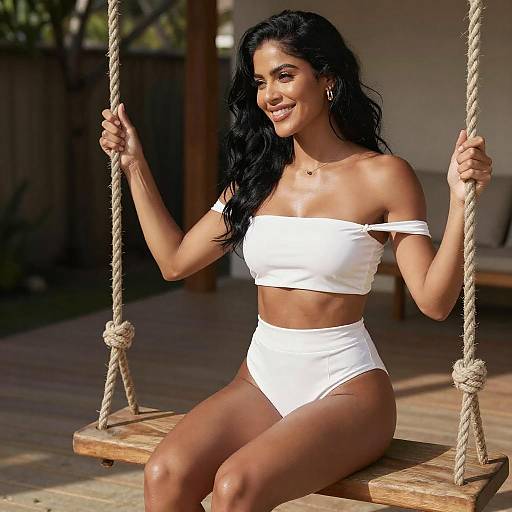 Smiling Woman on Wooden Swing