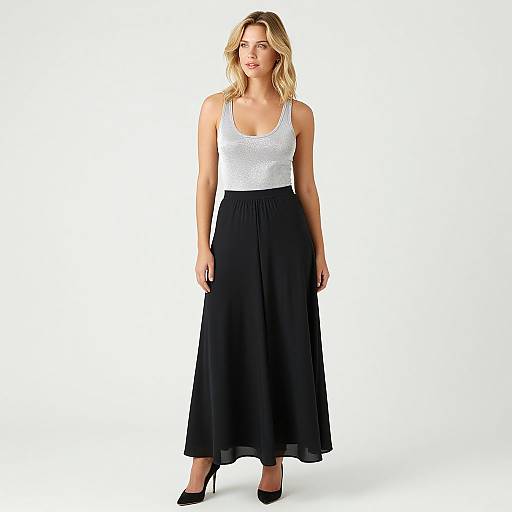 Photograph of a blonde woman with wavy hair, wearing a white lace tank top and black high-waisted skirt, black heels, standing against