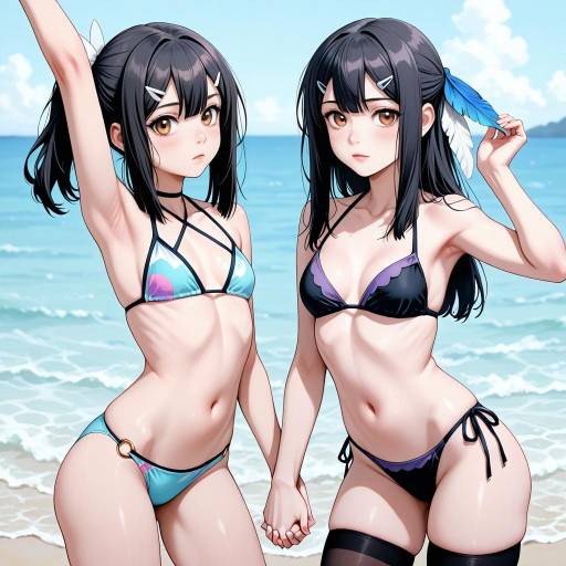 Two Girls in Swimsuits with Feathers