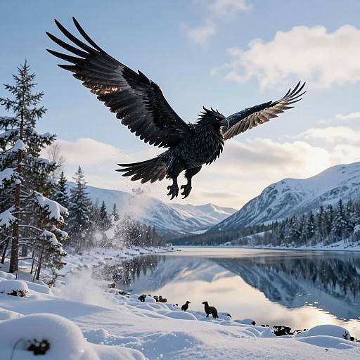 Photograph of a large black raven with outstretched wings soaring over a snowy lake, surrounded by snow-covered evergreen trees and reflecting mountains under