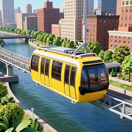 Bright yellow tram navigating a blue river in a vibrant, urban cityscape with tall buildings, green trees, and a white bridge. Digital illustration.