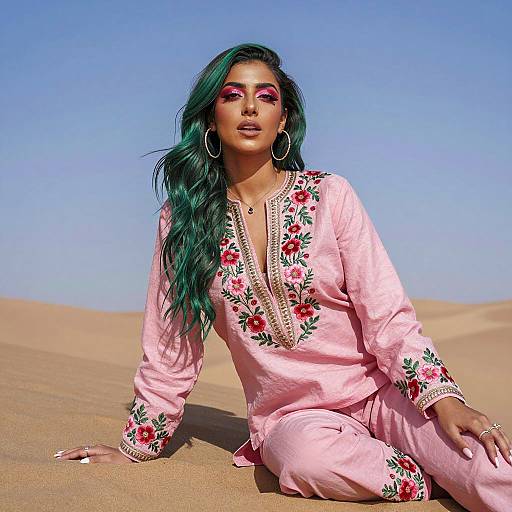 Confident Woman in Floral Suit in Desert