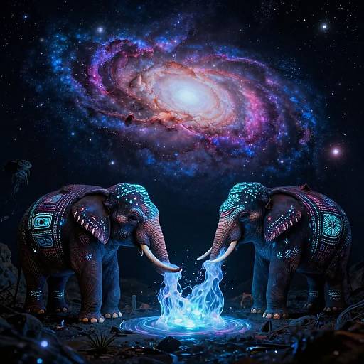 Digital artwork of two glowing, patterned elephants facing each other, creating a blue ethereal light between them, under a vibrant, swirling galaxy.