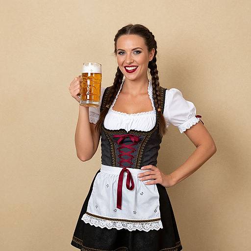 Photograph of a smiling woman with braided brown hair, wearing a traditional German dirndl dress, holding a frothy beer mug against a beige background