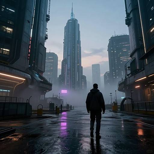 Photograph-style digital art: Silhouetted figure in dark coat stands in a foggy, neon-lit urban street, flanked by towering