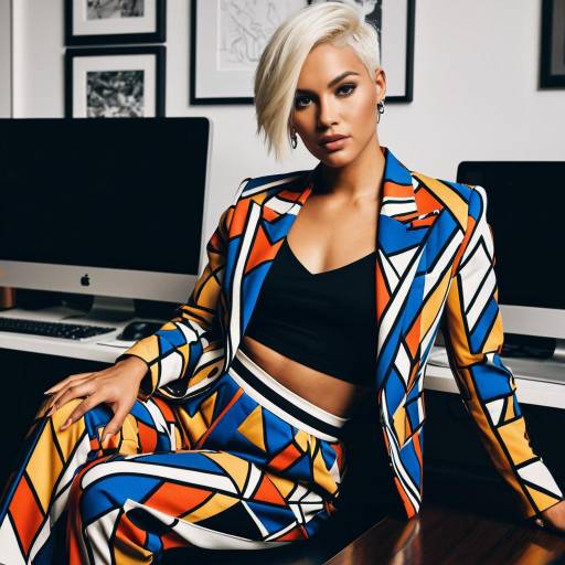 Confident fashion designer in vibrant patchwork suit Confident fashion designer in vibrant patchwork suit