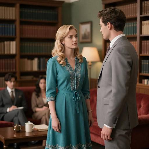 Vintage Library Scene with Elegant Characters