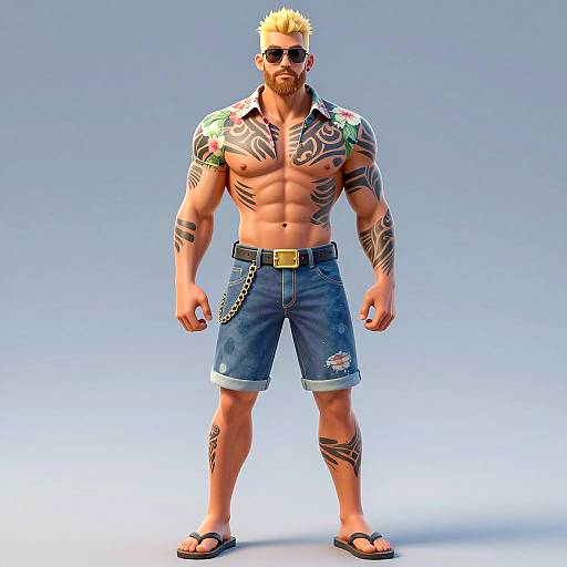 Muscular Man with Tribal Tattoos in Summer Outfit