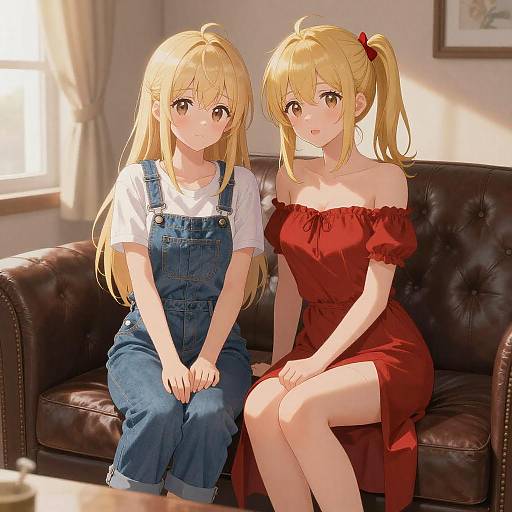 Cozy Anime Girls on Leather Couch