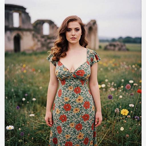 Photograph of a fair-skinned woman with wavy brown hair in a floral dress, standing in a meadow with wildflowers and ancient ruins in
