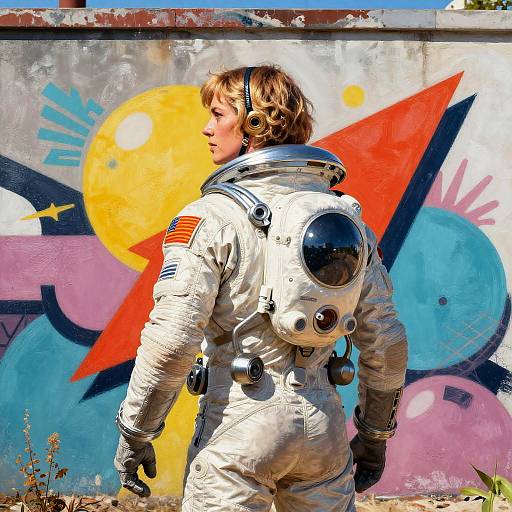 Photograph of a blonde woman in a white astronaut suit with an American flag patch, standing against a colorful graffiti wall.