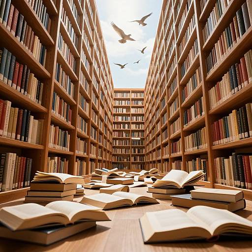 Photograph of a grand, sunlit library with towering wooden bookshelves filled with books, scattered open books on the floor, and two birds flying