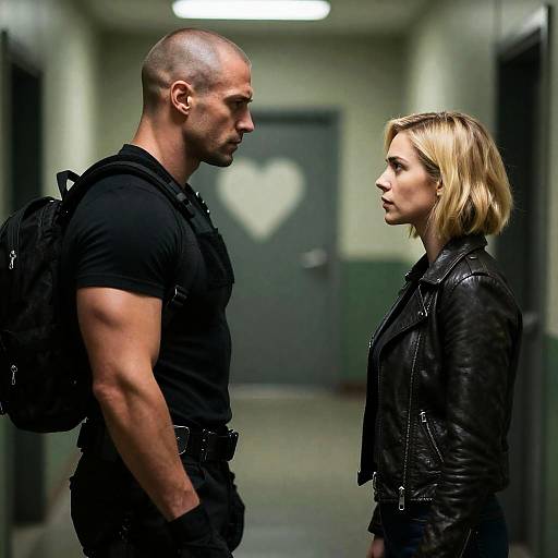 Dynamic Duo in Dimly Lit Hallway