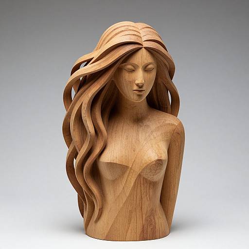 Wooden bust sculpture of a serene woman with flowing, wavy hair, eyes closed, detailed wood grain texture, neutral gray background.