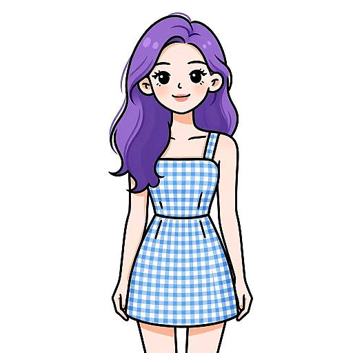 Digital anime-style drawing of a cute young woman with long purple hair, wearing a blue and white checkered sleeveless dress.