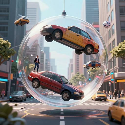 Photorealistic CGI: Three cars (yellow, red, black) inside a large, glowing bubble suspended above a busy city street with cars, pedestrians