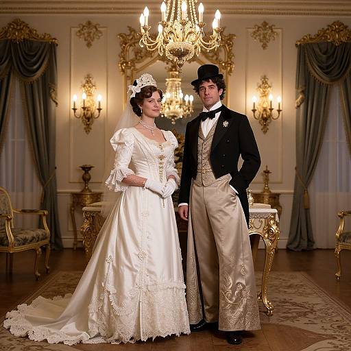 Photograph of a Victorian-style wedding couple in white and black formal attire, standing in an opulent, candlelit room with gold chandeliers and