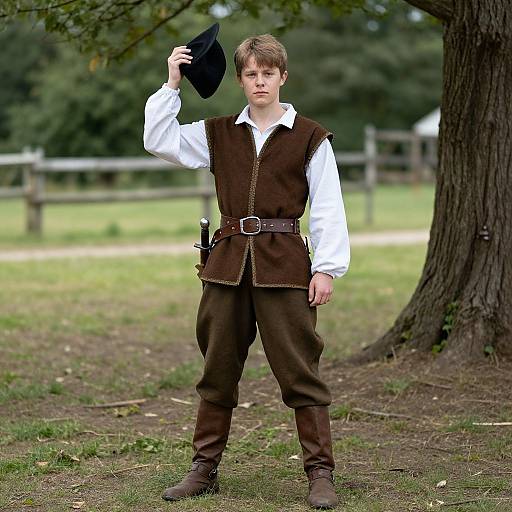 Photograph of a young boy in medieval attire, standing outdoors, holding a black hat, wearing brown vest, white shirt, and brown pants. Tree