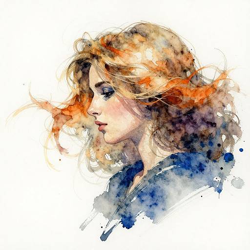 Watercolor portrait of a pensive woman with wavy, orange-tinted blonde hair, closed eyes, and blue clothing, against a white background