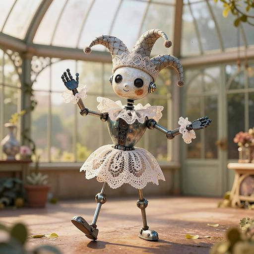 Victorian Robot Jester in Greenhouse
