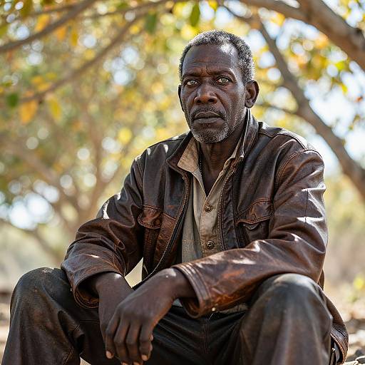 Photograph of a serious, middle-aged African man with dark skin, short-cropped hair, and stubble, wearing a worn brown leather jacket and