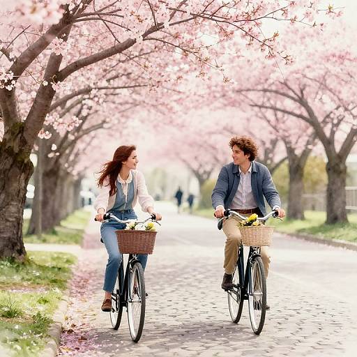 Photograph of a couple riding bicycles on a cherry blossom-lined path, both with baskets of flowers, smiling at each other.