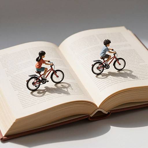 Photograph of an open book with two miniature figures riding bicycles on each page, casting shadows, on a white background.