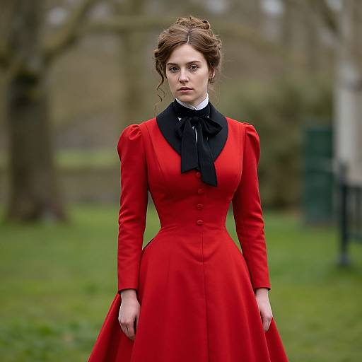 Photograph of a serious young woman with fair skin and brown hair in a red Victorian-style dress with black bow and high collar, standing in a blurred