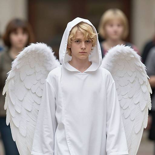 Photograph of a young blonde boy with white angel wings and hooded white robe, standing solemnly in front of blurred background with two indistinct