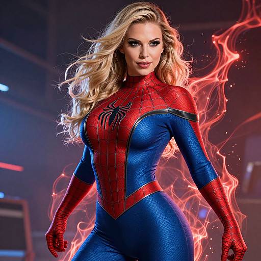Photograph of a blonde woman in a tight, red-and-blue Spider-Man suit, with fiery red energy swirling behind her, standing confidently.