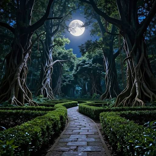 Digital artwork of a moonlit forest path lined with twisted, gnarled trees and neatly trimmed hedges, illuminated by a bright full moon above.