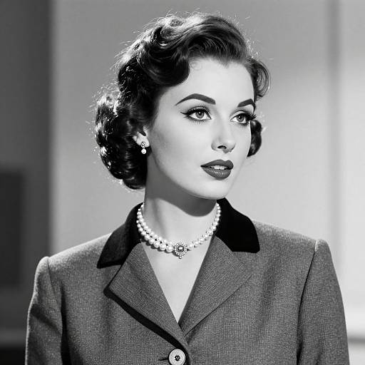 Black-and-white photograph of a 1940s-style woman with dark, wavy hair, wearing a pearl necklace, dark lipstick, and a textured