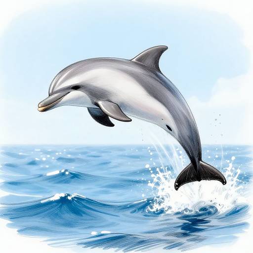 Digital illustration of a sleek, gray and white dolphin leaping out of vibrant blue ocean waves, splashing water below.
