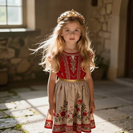 Photograph of a young blonde girl with long hair, wearing a red and beige floral dress, golden tiara, standing in a sunlit, stone