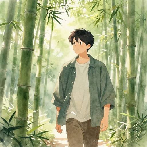 Anime-style digital drawing of a young man with black hair, wearing a green shirt and brown pants, walking through a sunlit bamboo forest.