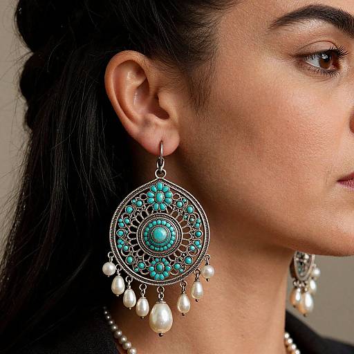 Close-up photograph of a woman's profile showcasing intricate turquoise and silver dangling earrings with pearl accents, against a neutral background.