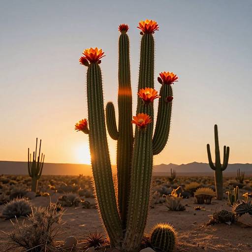 Photograph of a tall, multi-armed cactus with vibrant orange flowers silhouetted against a stunning desert sunset, surrounded by spiky bushes
