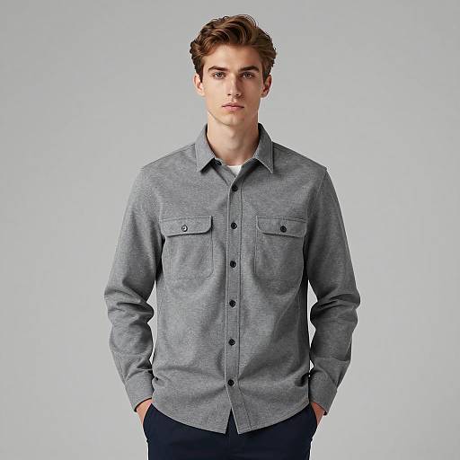 Young Man in Gray Double Pocket Shirt