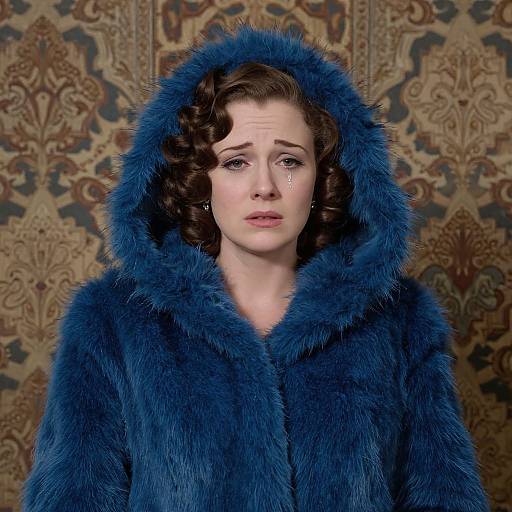 Photograph of a distressed woman with curly brown hair, wearing a thick, blue furry hooded coat, standing against an ornate, patterned wallpaper