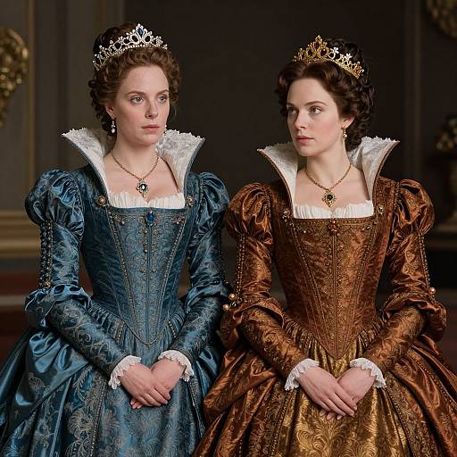 Photograph of two women in period attire, wearing detailed blue and brown Renaissance-style dresses with white lace collars and silver tiaras.