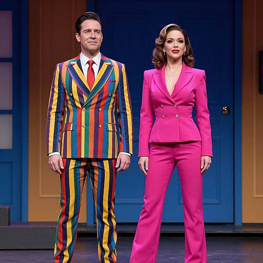 Photograph of a man in a colorful, striped suit and a woman in a vibrant pink suit standing on stage with a blue door background.