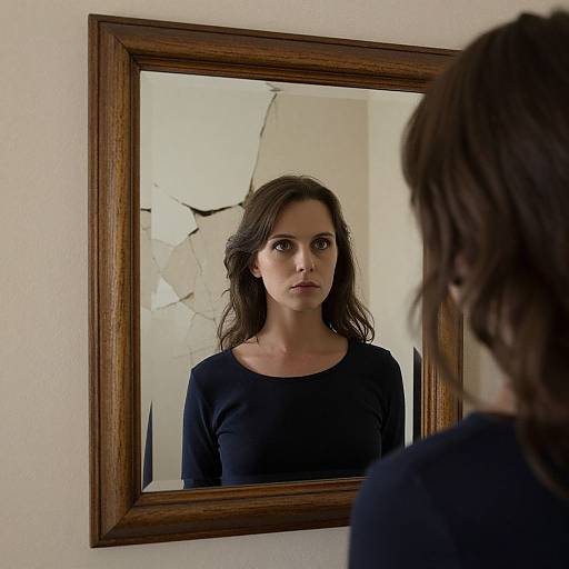 Photograph of a woman with dark brown hair, wearing a black long-sleeve top, reflected in a cracked wooden-framed mirror. She has
