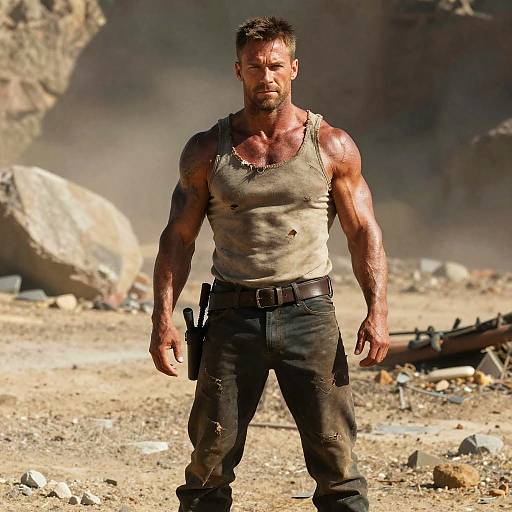 Photograph of a muscular, rugged man with short brown hair, wearing a dirty tank top and black pants, standing in a dusty, rocky desert landscape